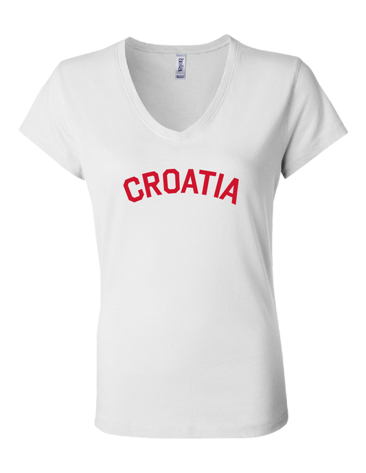 CROATIA Women's V Neck T- WHITE-RED