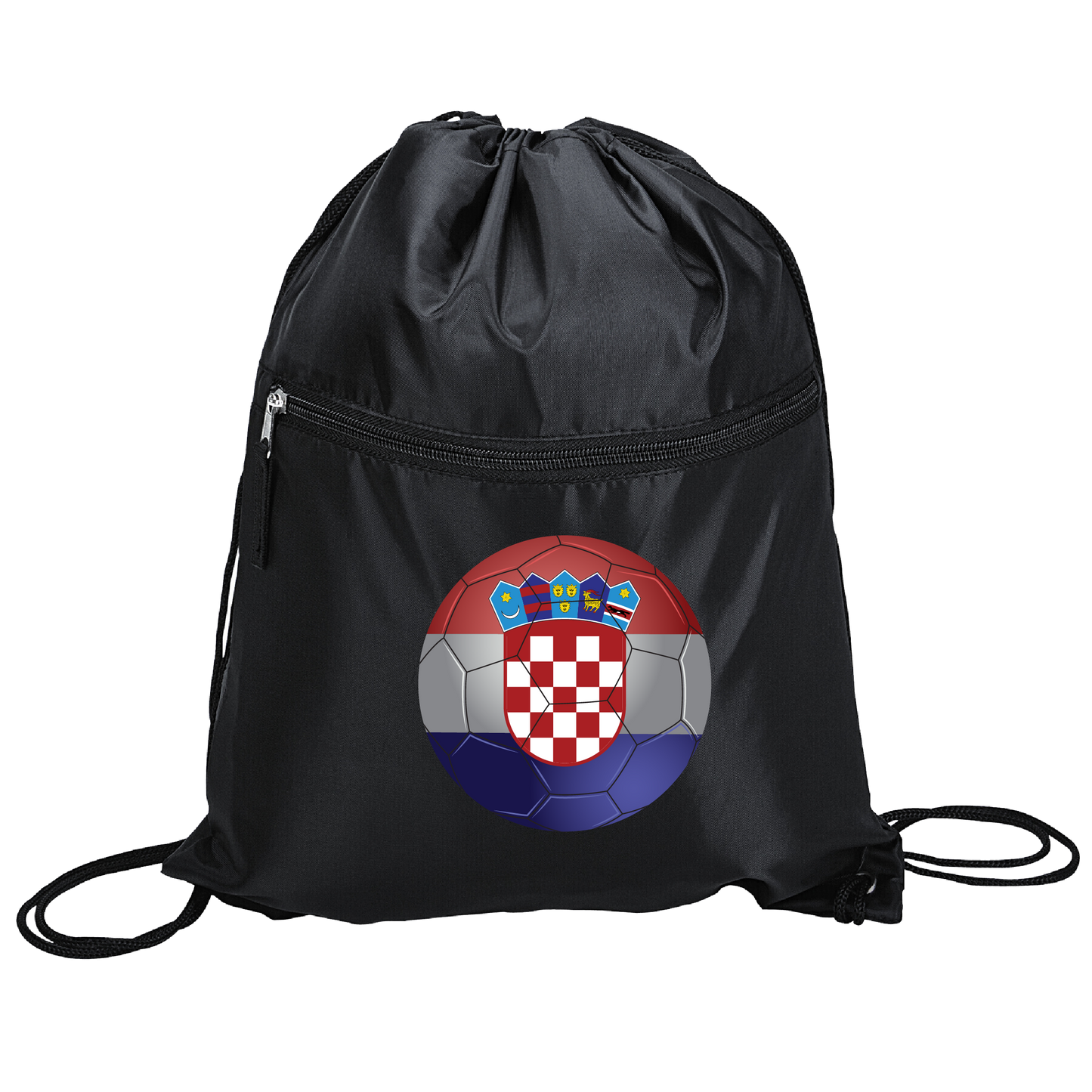 CROATIAN SOCCER BALL DRAWSTRING BAG with Zipper Pocket- BLACK