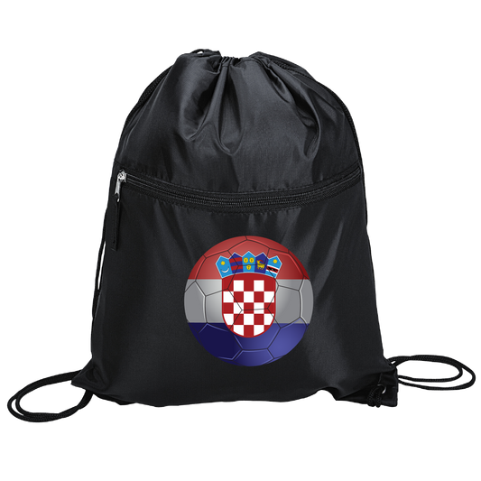 CROATIAN SOCCER BALL DRAWSTRING BAG with Zipper Pocket- BLACK